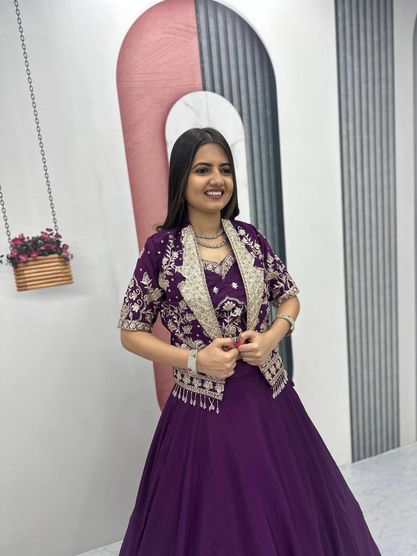Designer Royal Purple Indo Western Lehenga Choli with Embroidered Koti for Women