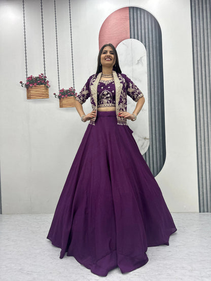 Designer Royal Purple Indo Western Lehenga Choli with Embroidered Koti for Women