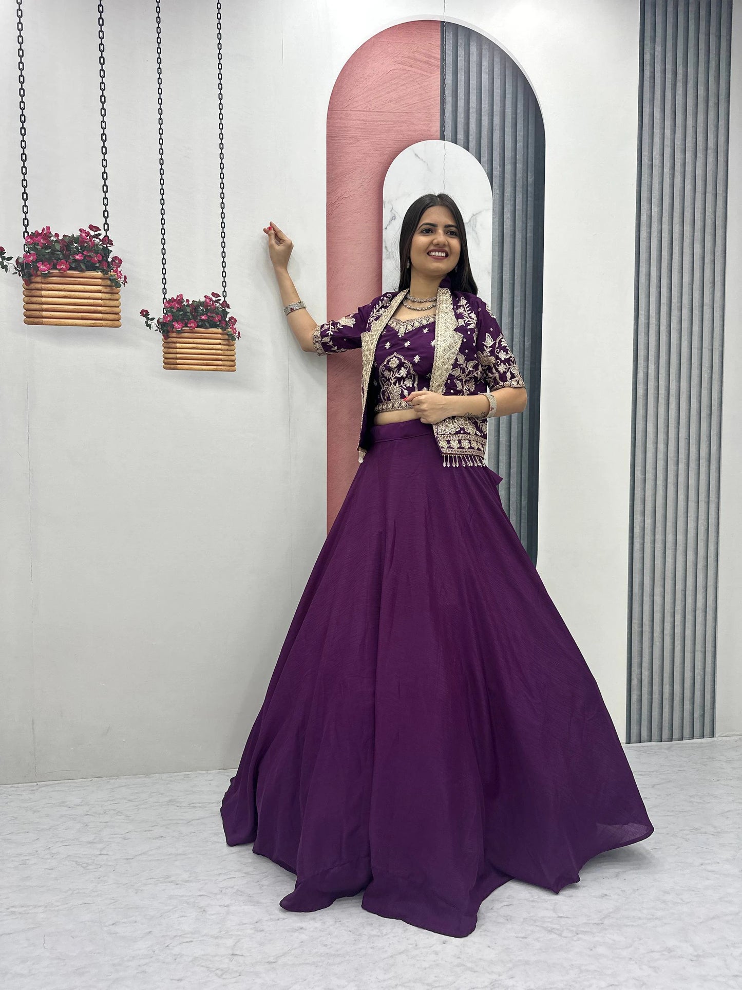 Designer Royal Purple Indo Western Lehenga Choli with Embroidered Koti for Women