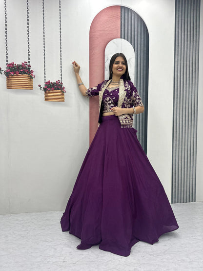 Designer Royal Purple Indo Western Lehenga Choli with Embroidered Koti for Women