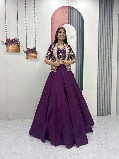 Designer Royal Purple Indo Western Lehenga Choli with Embroidered Koti for Women