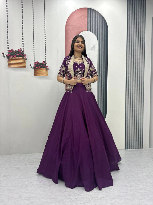 Designer Royal Purple Indo Western Lehenga Choli with Embroidered Koti for Women