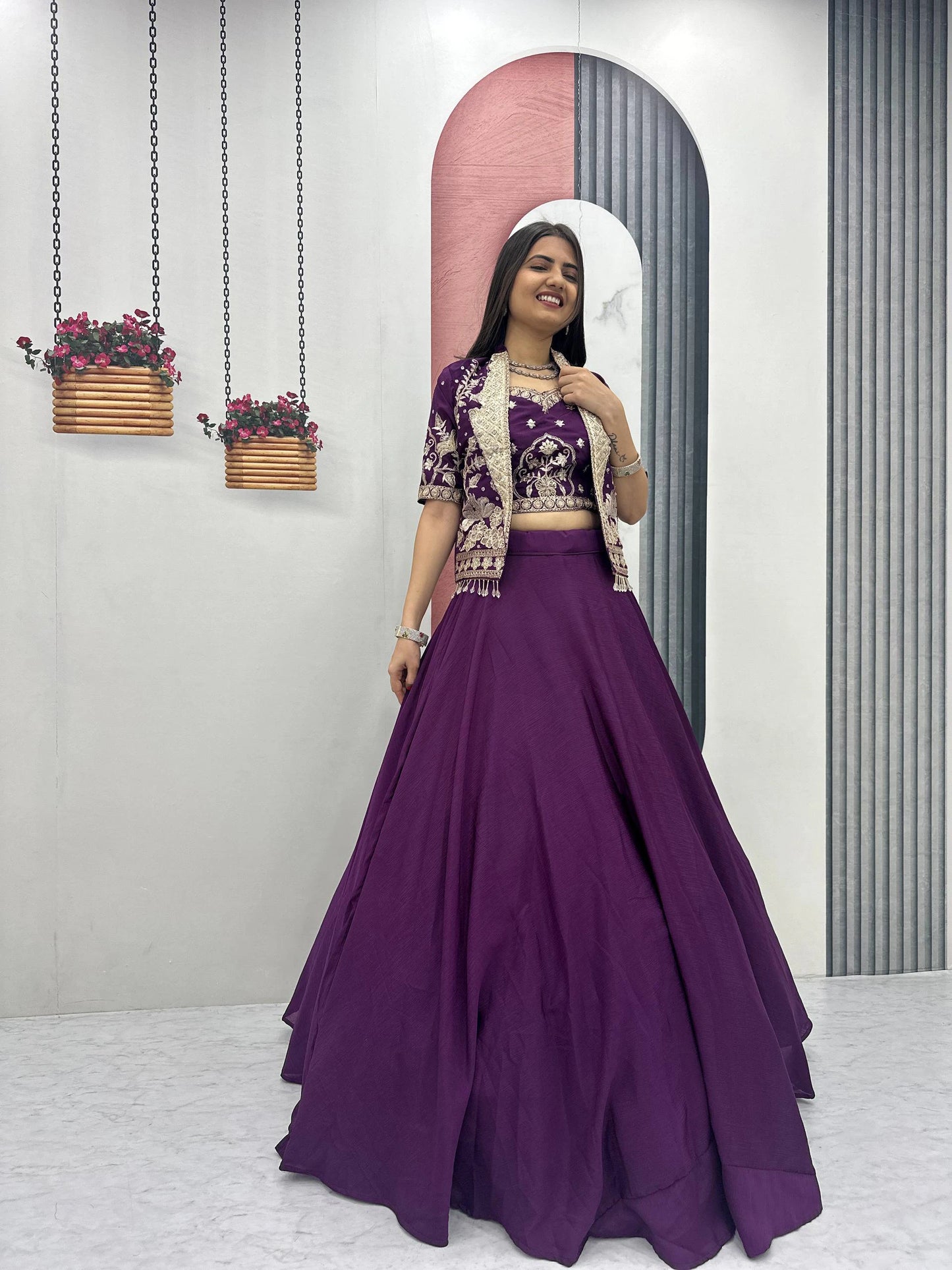Designer Royal Purple Indo Western Lehenga Choli with Embroidered Koti for Women