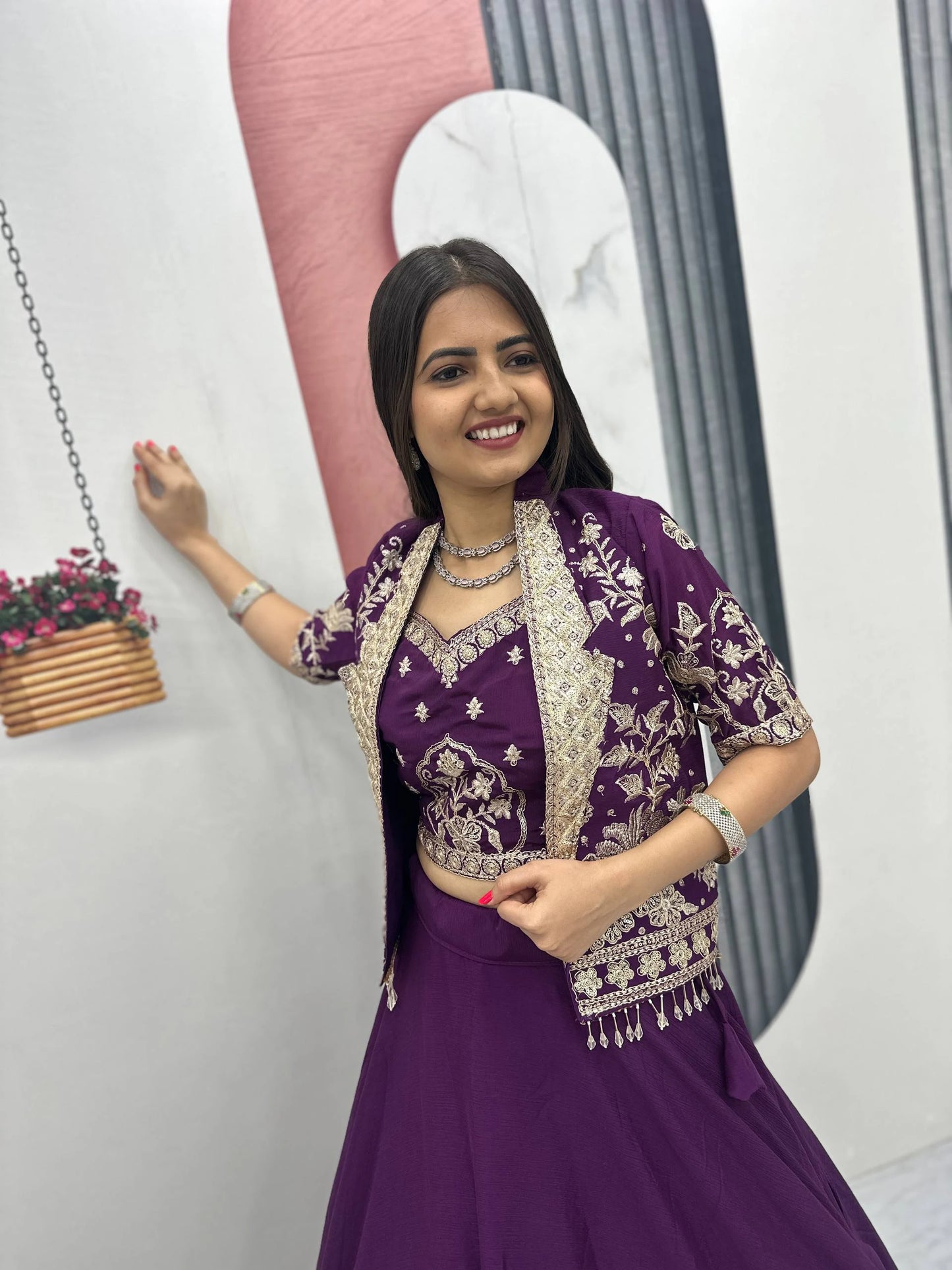 Designer Royal Purple Indo Western Lehenga Choli with Embroidered Koti for Women