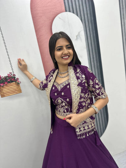 Designer Royal Purple Indo Western Lehenga Choli with Embroidered Koti for Women