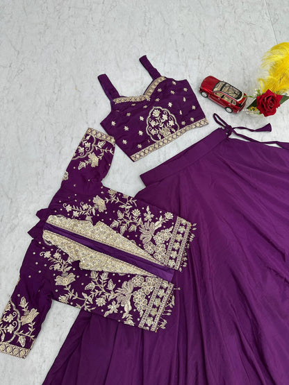 Designer Royal Purple Indo Western Lehenga Choli with Embroidered Koti for Women
