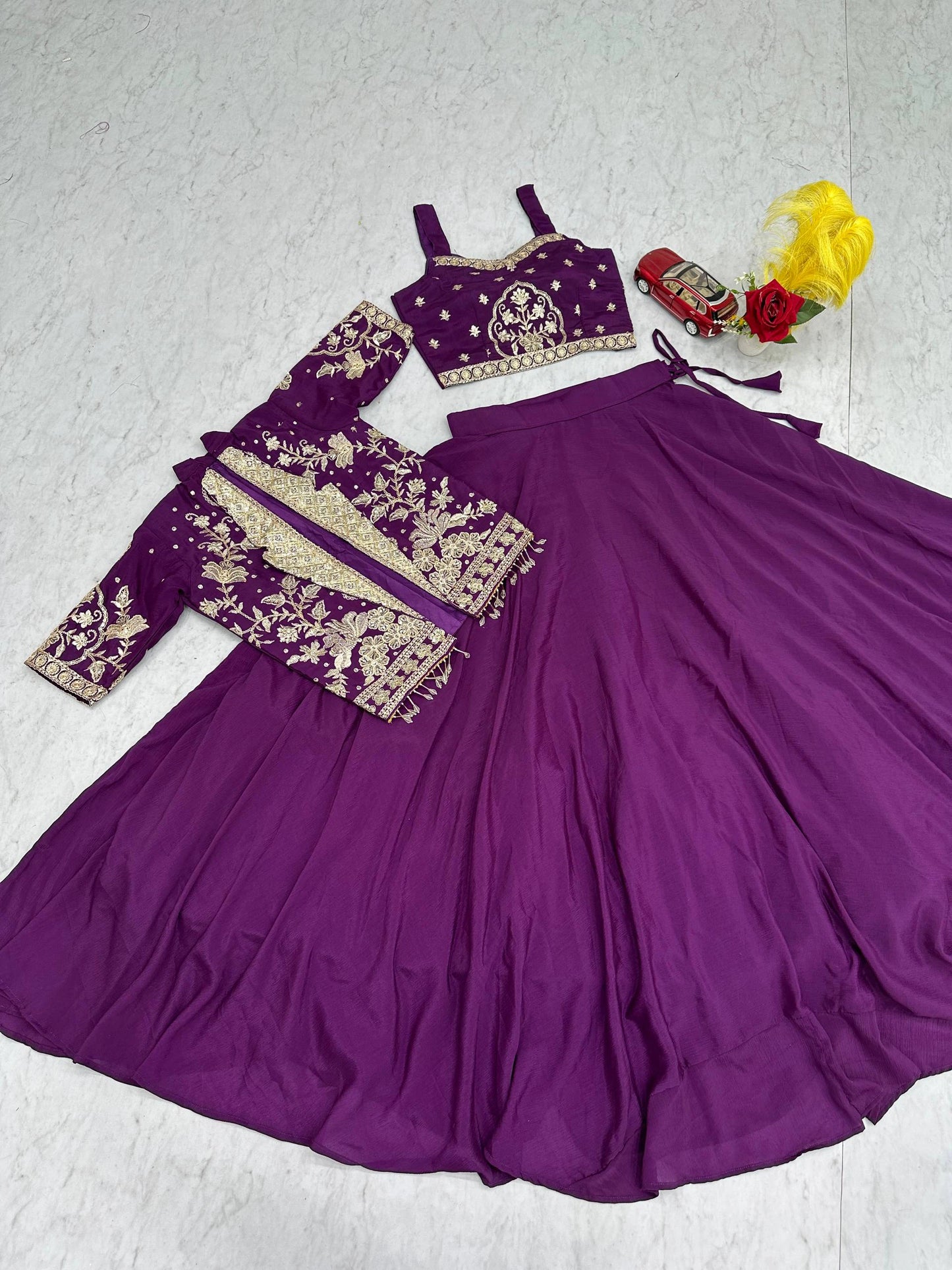Designer Royal Purple Indo Western Lehenga Choli with Embroidered Koti for Women