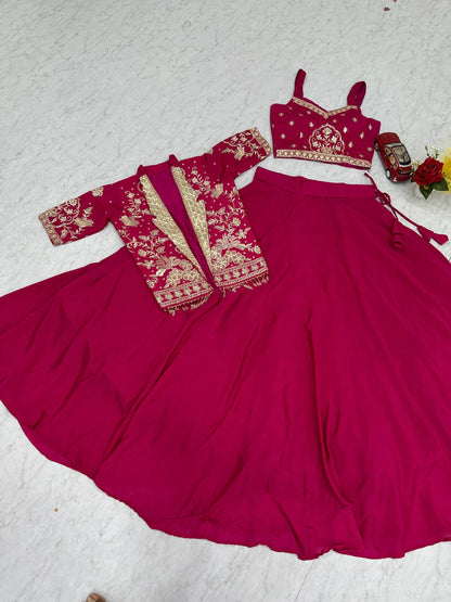 Designer Magenta Pink Indo Western Lehenga Choli with Embroidered Koti for Women