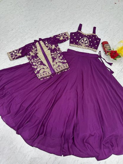 Designer Royal Purple Indo Western Lehenga Choli with Embroidered Koti for Women