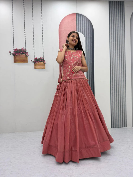 Dusty Rose Party Wear Crunchy Silk Indo Western Lehenga Choli with Embroidered Jacket for Women