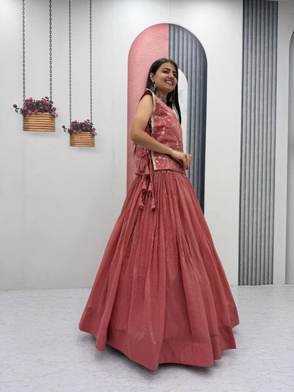 Dusty Rose Party Wear Crunchy Silk Indo Western Lehenga Choli with Embroidered Jacket for Women