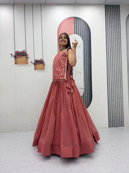 Dusty Rose Party Wear Crunchy Silk Indo Western Lehenga Choli with Embroidered Jacket for Women