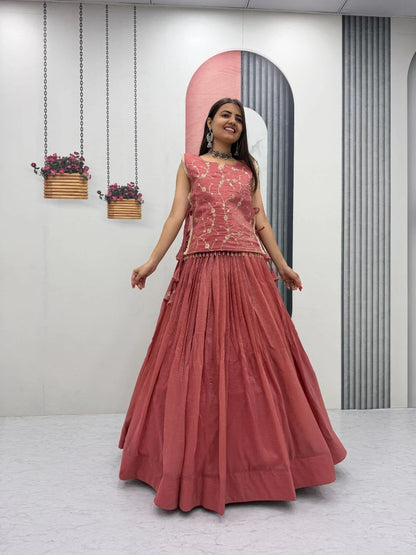 Dusty Rose Party Wear Crunchy Silk Indo Western Lehenga Choli with Embroidered Jacket for Women