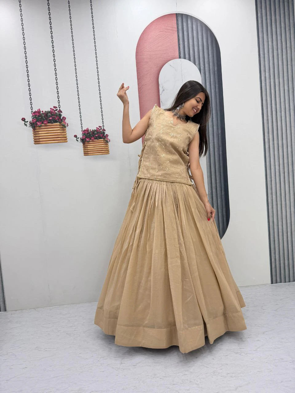 Dusty Beige Party Wear Crunchy Silk Indo Western Lehenga Choli with Embroidered Jacket for Women (Copy)