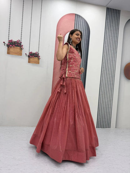 Dusty Rose Party Wear Crunchy Silk Indo Western Lehenga Choli with Embroidered Jacket for Women