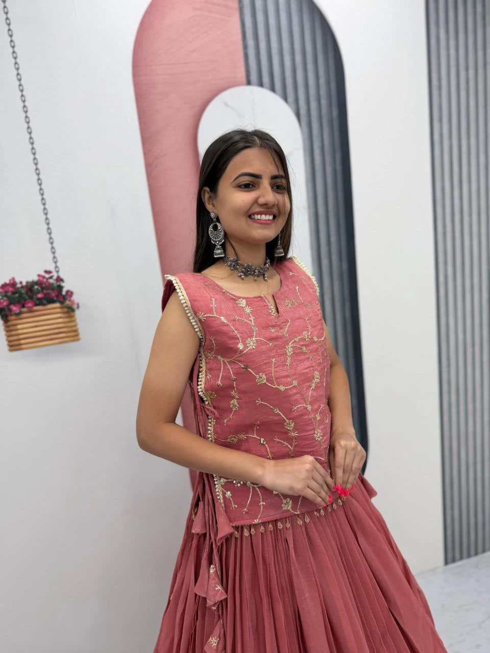 Dusty Rose Party Wear Crunchy Silk Indo Western Lehenga Choli with Embroidered Jacket for Women