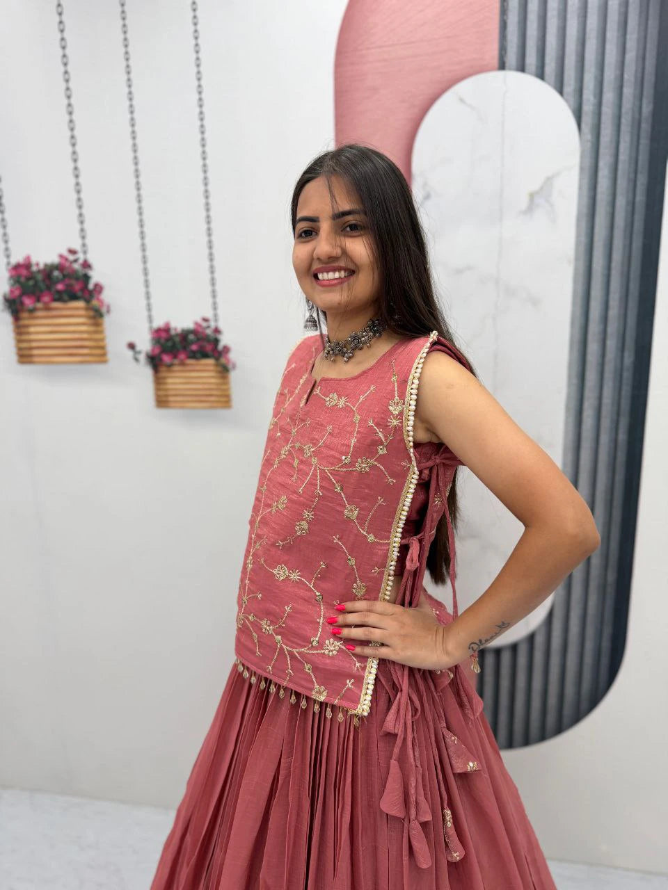Dusty Rose Party Wear Crunchy Silk Indo Western Lehenga Choli with Embroidered Jacket for Women