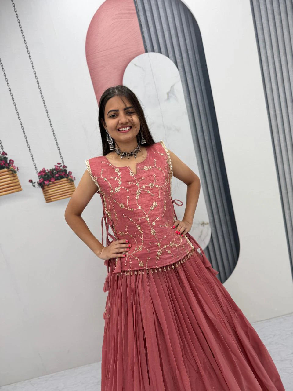 Dusty Rose Party Wear Crunchy Silk Indo Western Lehenga Choli with Embroidered Jacket for Women