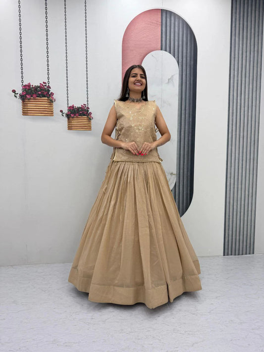Dusty Beige Party Wear Crunchy Silk Indo Western Lehenga Choli with Embroidered Jacket for Women (Copy)