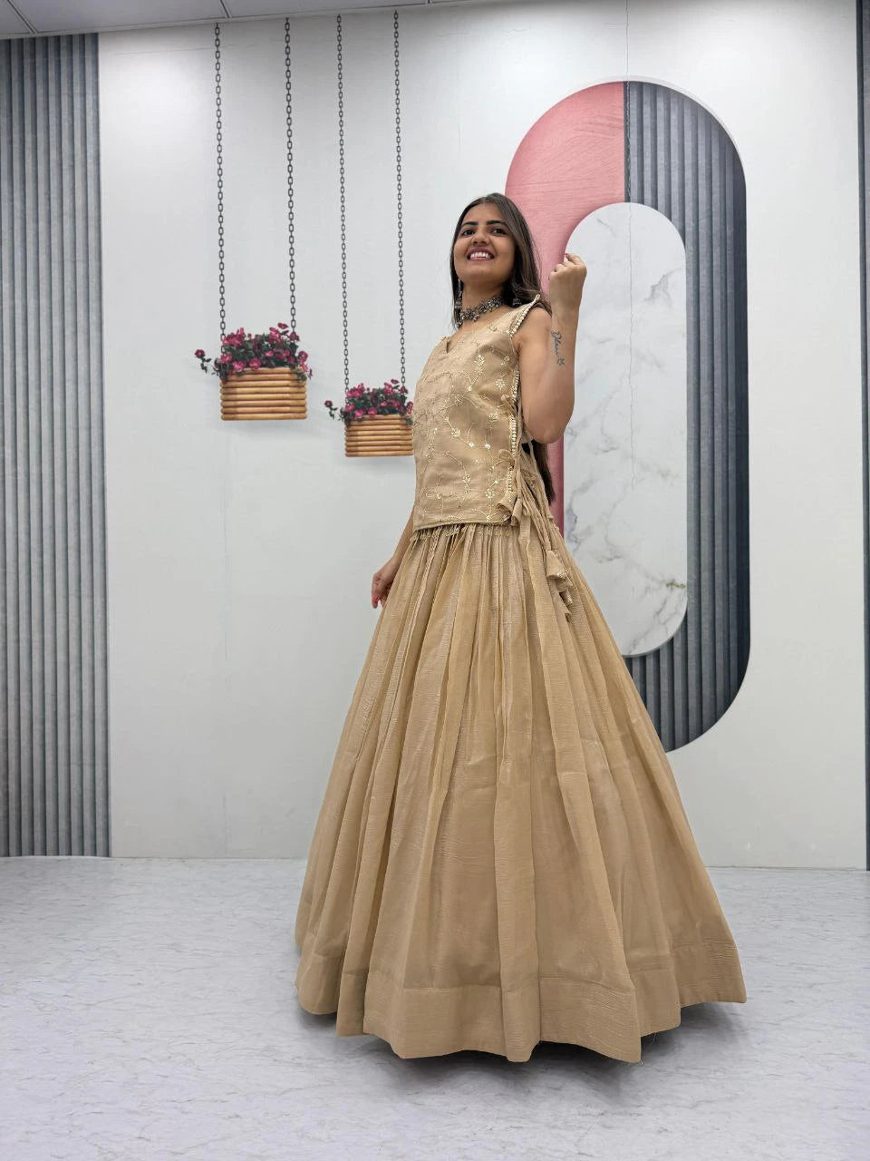 Dusty Beige Party Wear Crunchy Silk Indo Western Lehenga Choli with Embroidered Jacket for Women (Copy)