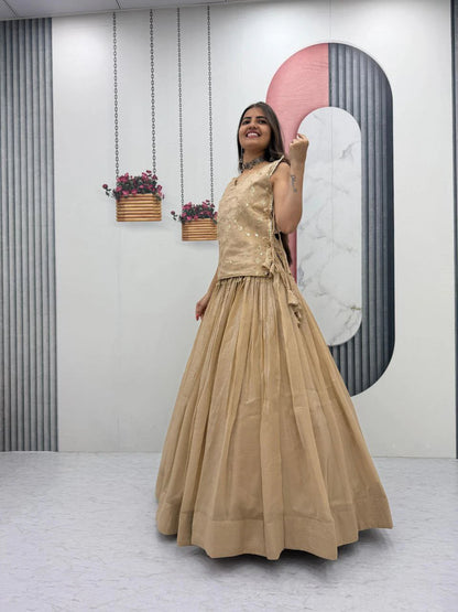 Dusty Beige Party Wear Crunchy Silk Indo Western Lehenga Choli with Embroidered Jacket for Women (Copy)