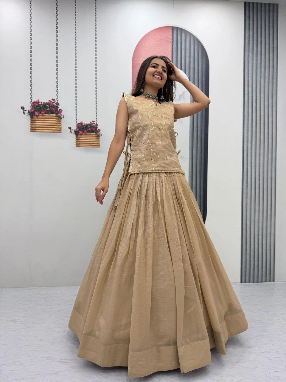 Dusty Beige Party Wear Crunchy Silk Indo Western Lehenga Choli with Embroidered Jacket for Women (Copy)