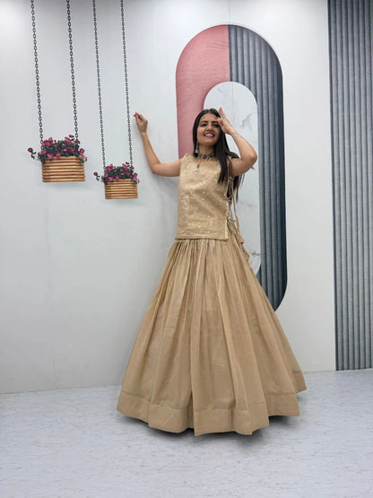 Dusty Beige Party Wear Crunchy Silk Indo Western Lehenga Choli with Embroidered Jacket for Women (Copy)
