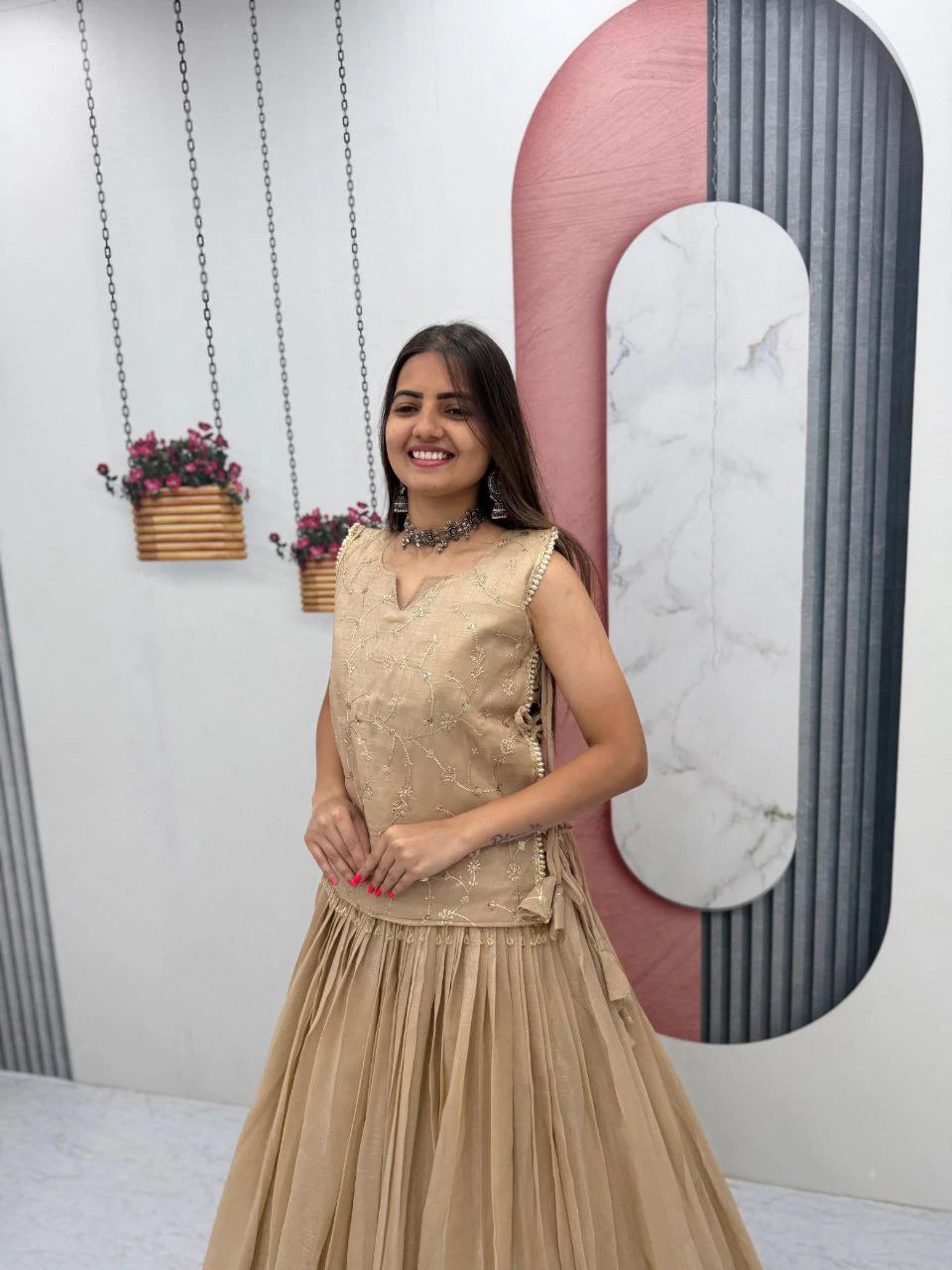 Dusty Beige Party Wear Crunchy Silk Indo Western Lehenga Choli with Embroidered Jacket for Women (Copy)