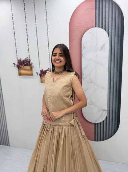 Dusty Beige Party Wear Crunchy Silk Indo Western Lehenga Choli with Embroidered Jacket for Women (Copy)