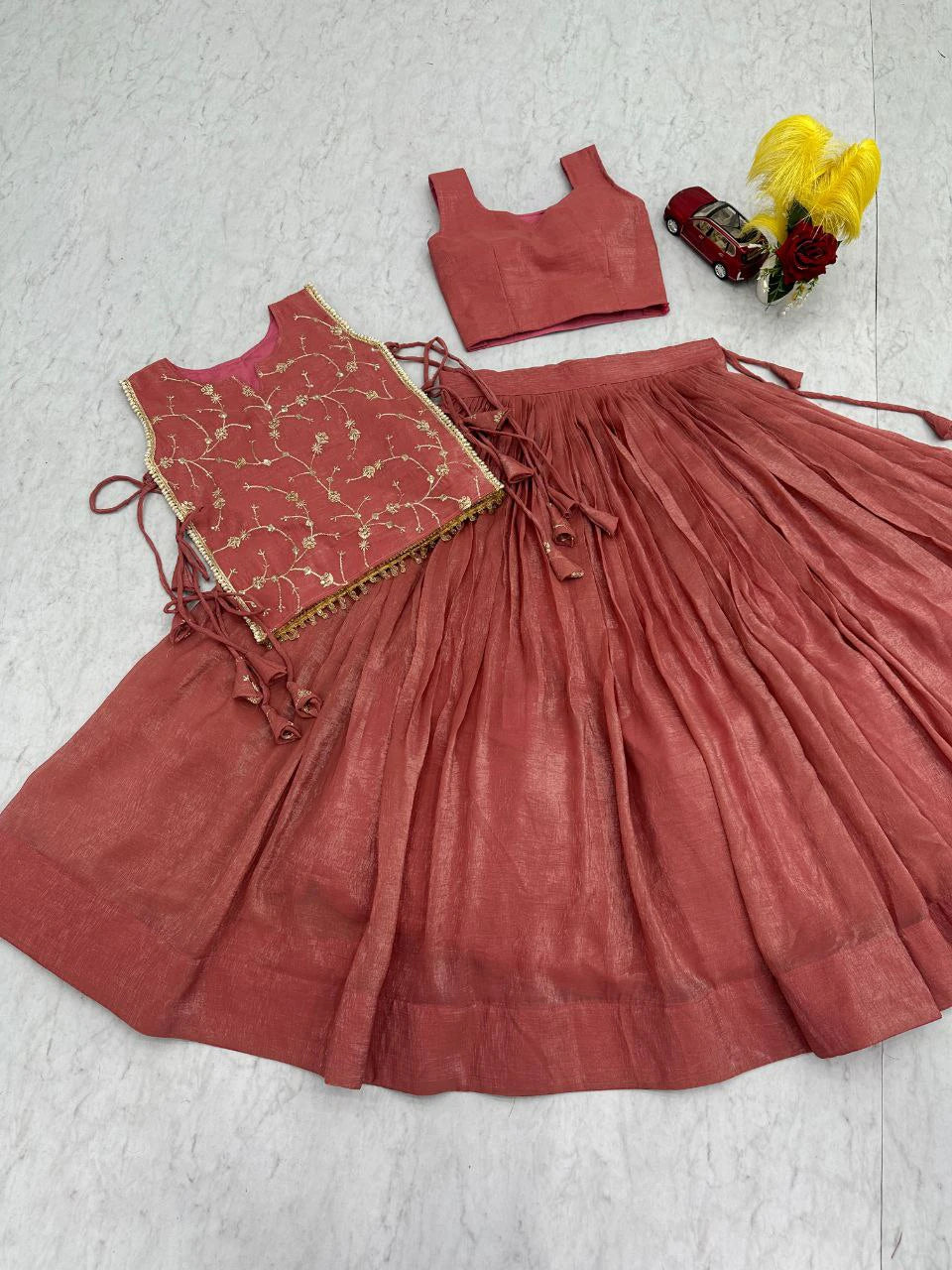 Dusty Rose Party Wear Crunchy Silk Indo Western Lehenga Choli with Embroidered Jacket for Women