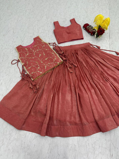 Dusty Rose Party Wear Crunchy Silk Indo Western Lehenga Choli with Embroidered Jacket for Women