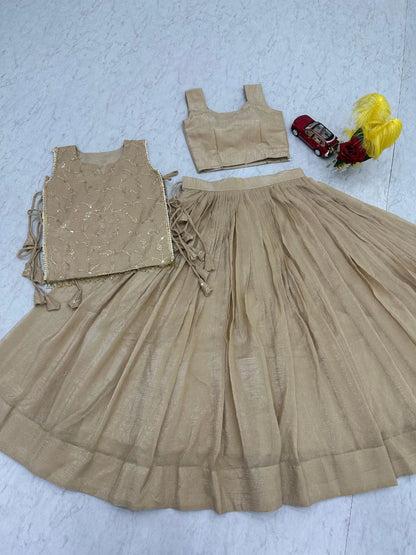 Dusty Beige Party Wear Crunchy Silk Indo Western Lehenga Choli with Embroidered Jacket for Women (Copy)