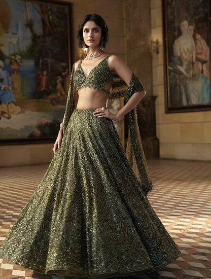 Olive Green Chinon Silk Designer Lehenga Choli with Dori Sequins and Thread Work