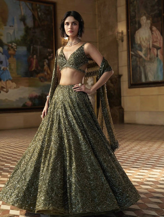 Olive Green Chinon Silk Designer Lehenga Choli with Dori Sequins and Thread Work