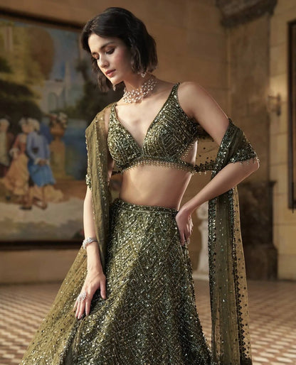 Olive Green Chinon Silk Designer Lehenga Choli with Dori Sequins and Thread Work