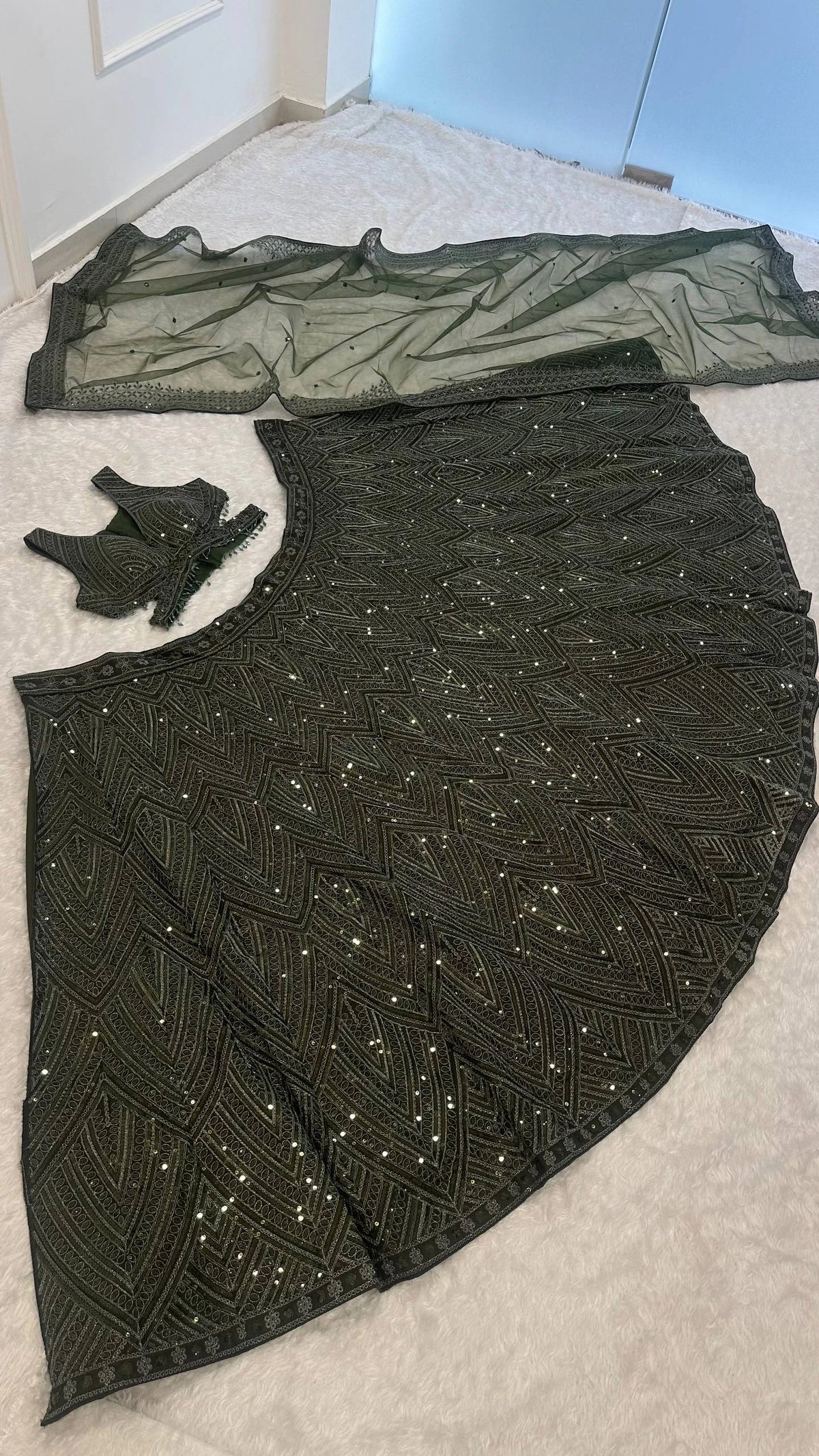 Olive Green Chinon Silk Designer Lehenga Choli with Dori Sequins and Thread Work
