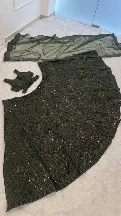 Olive Green Chinon Silk Designer Lehenga Choli with Dori Sequins and Thread Work