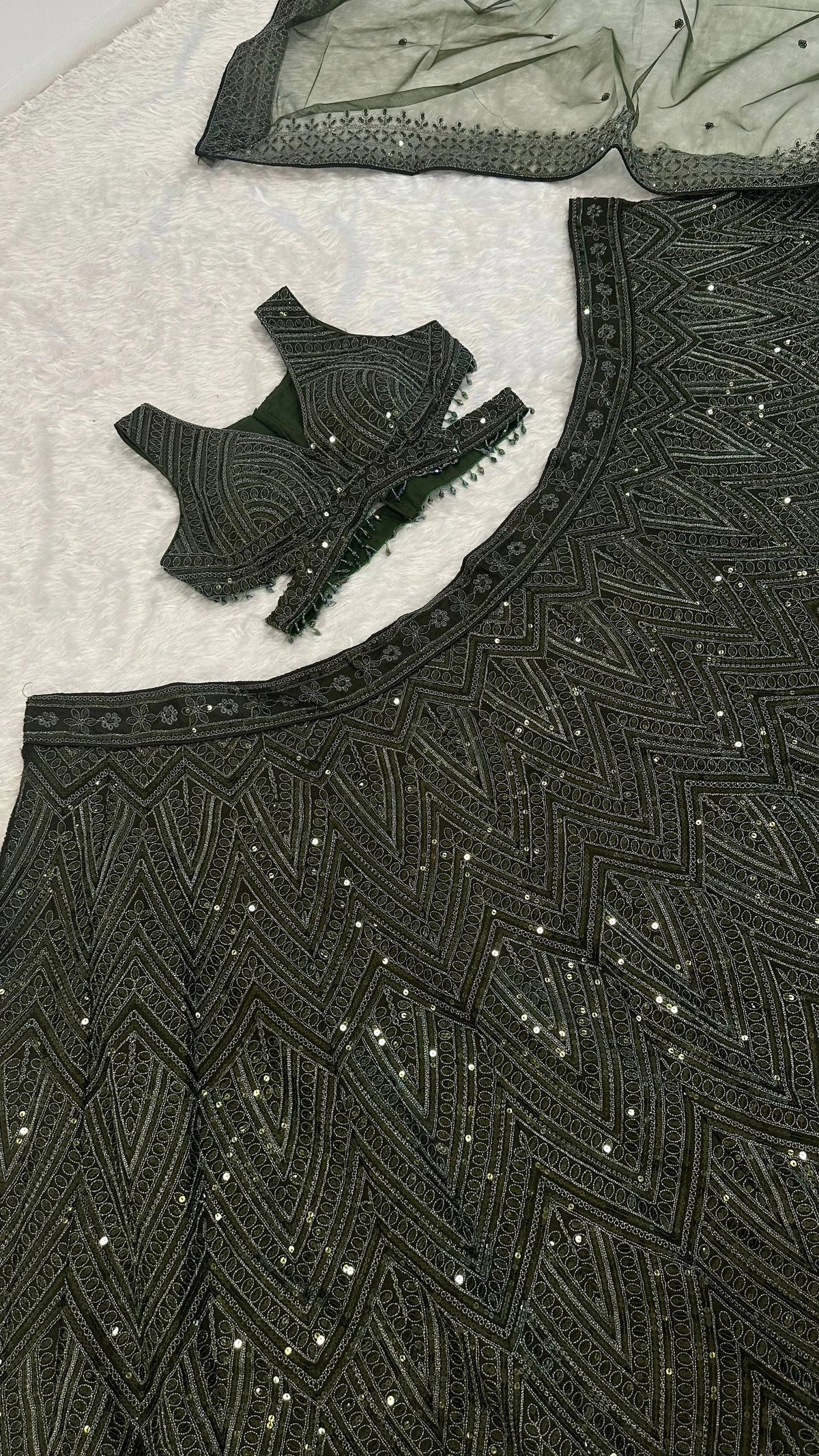 Olive Green Chinon Silk Designer Lehenga Choli with Dori Sequins and Thread Work