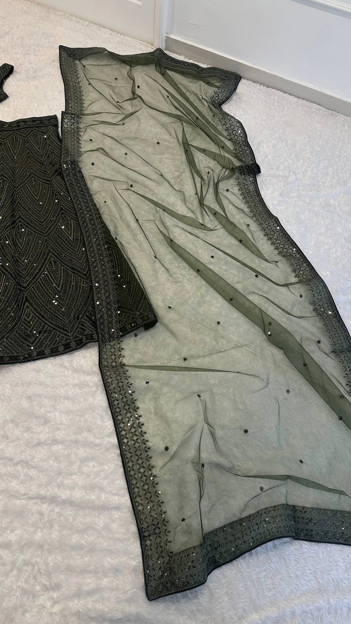Olive Green Chinon Silk Designer Lehenga Choli with Dori Sequins and Thread Work