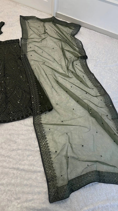 Olive Green Chinon Silk Designer Lehenga Choli with Dori Sequins and Thread Work