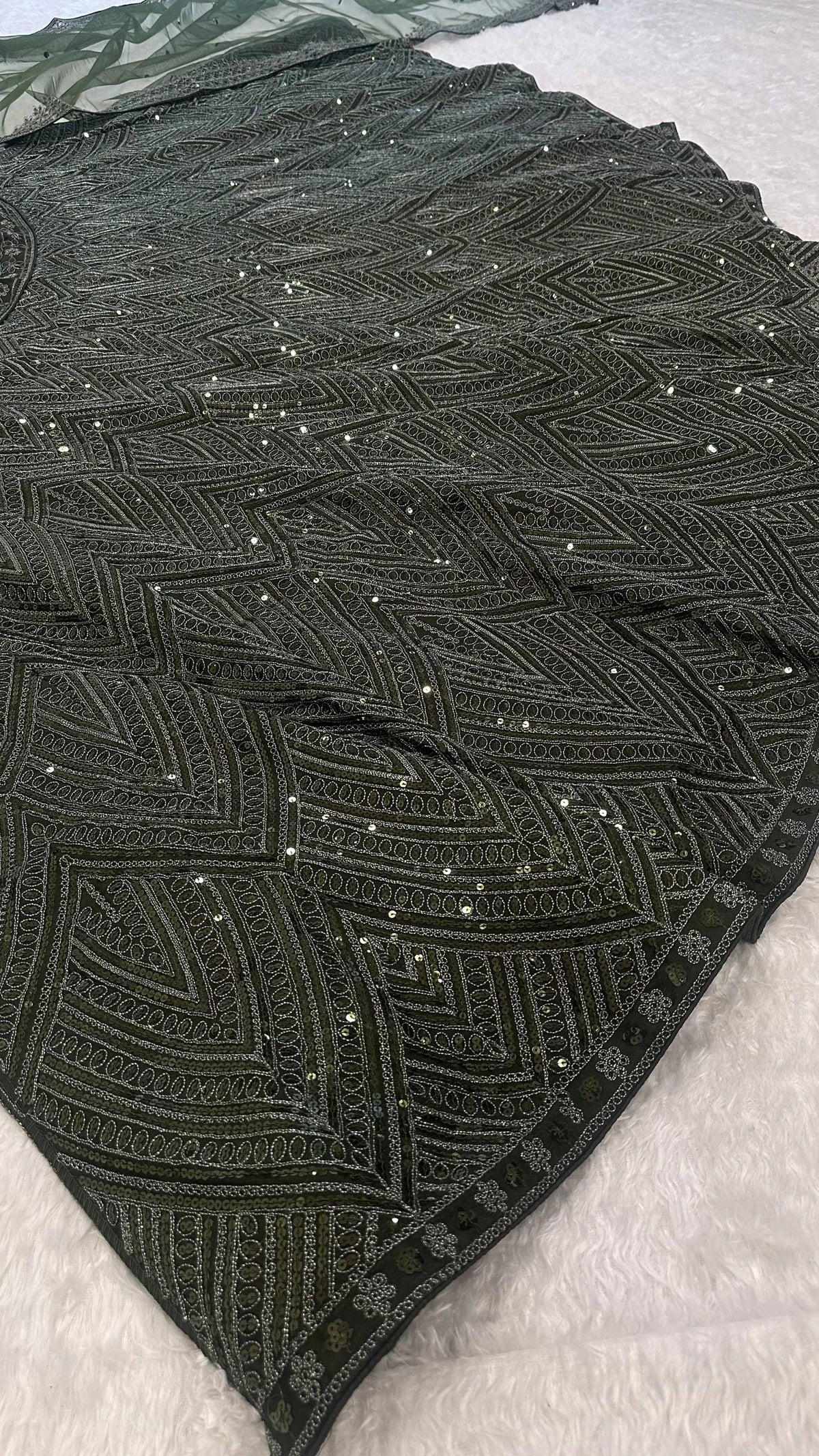 Olive Green Chinon Silk Designer Lehenga Choli with Dori Sequins and Thread Work