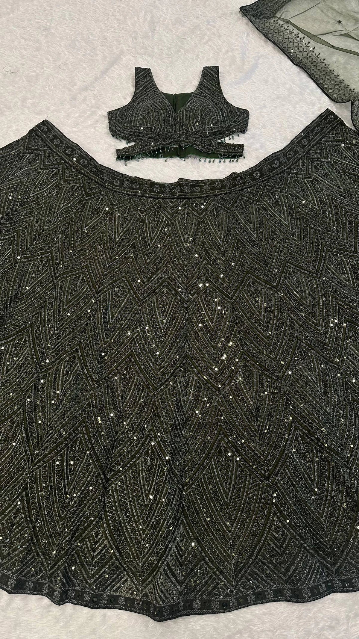 Olive Green Chinon Silk Designer Lehenga Choli with Dori Sequins and Thread Work