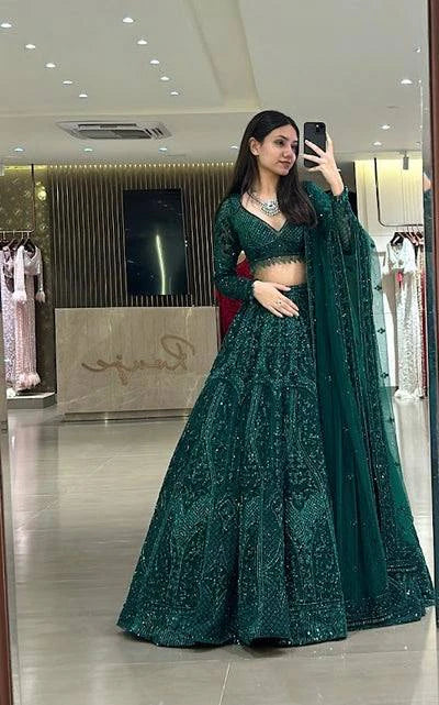 Emerald Green Net Lehenga Choli with Dori Sequin and Thread Embroidery for Wedding