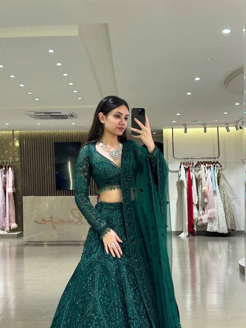 Emerald Green Net Lehenga Choli with Dori Sequin and Thread Embroidery for Wedding