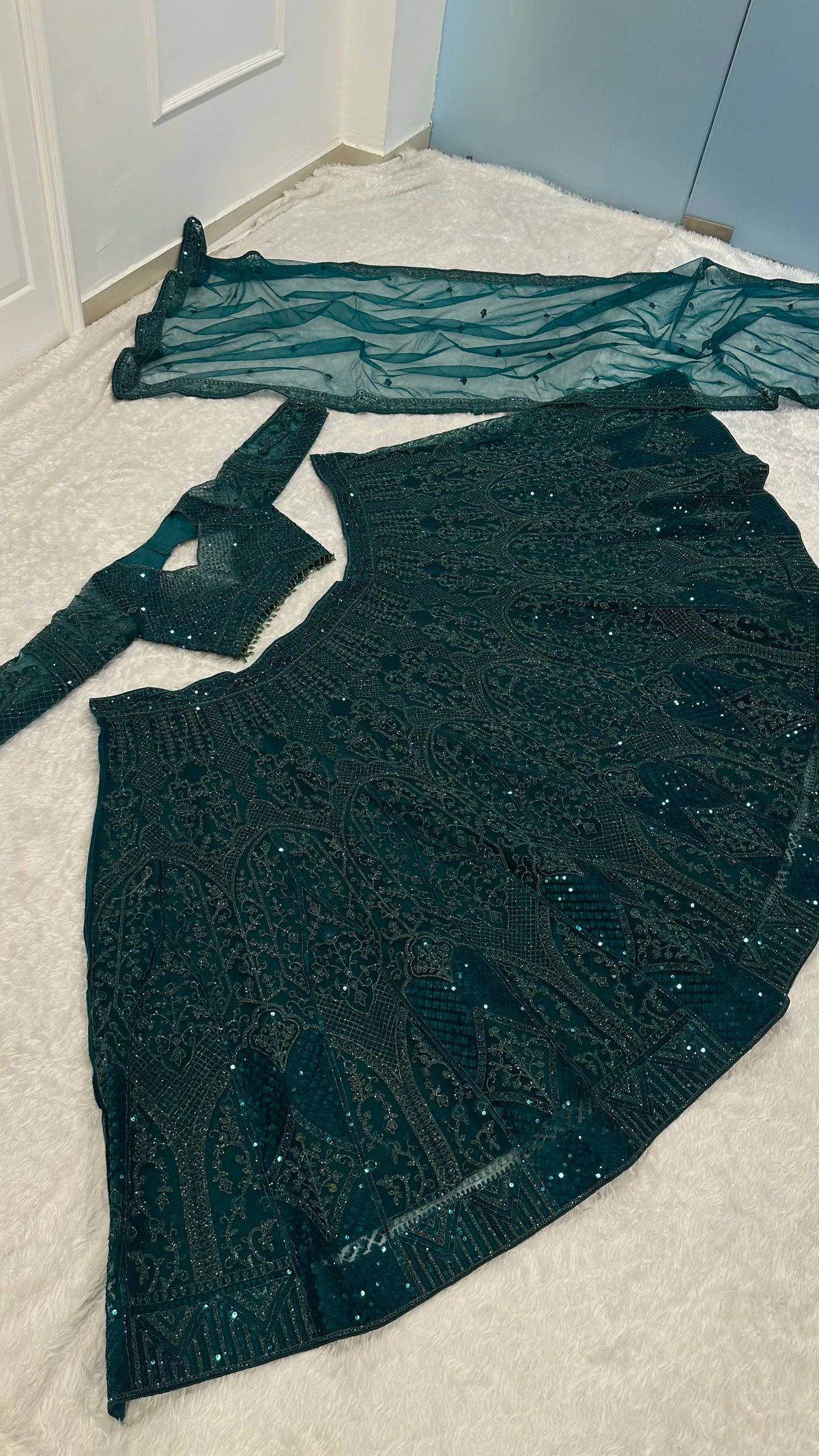 Emerald Green Net Lehenga Choli with Dori Sequin and Thread Embroidery for Wedding