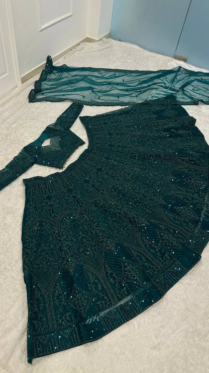 Emerald Green Net Lehenga Choli with Dori Sequin and Thread Embroidery for Wedding