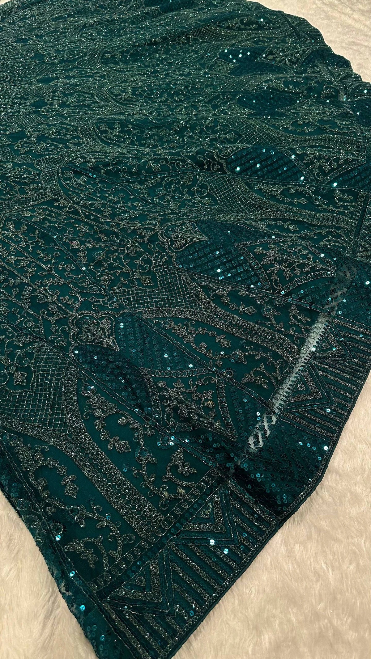 Emerald Green Net Lehenga Choli with Dori Sequin and Thread Embroidery for Wedding