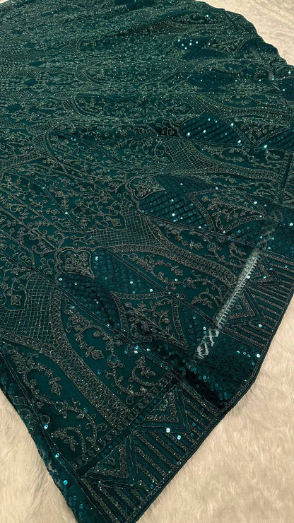 Emerald Green Net Lehenga Choli with Dori Sequin and Thread Embroidery for Wedding