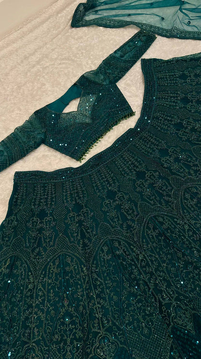 Emerald Green Net Lehenga Choli with Dori Sequin and Thread Embroidery for Wedding