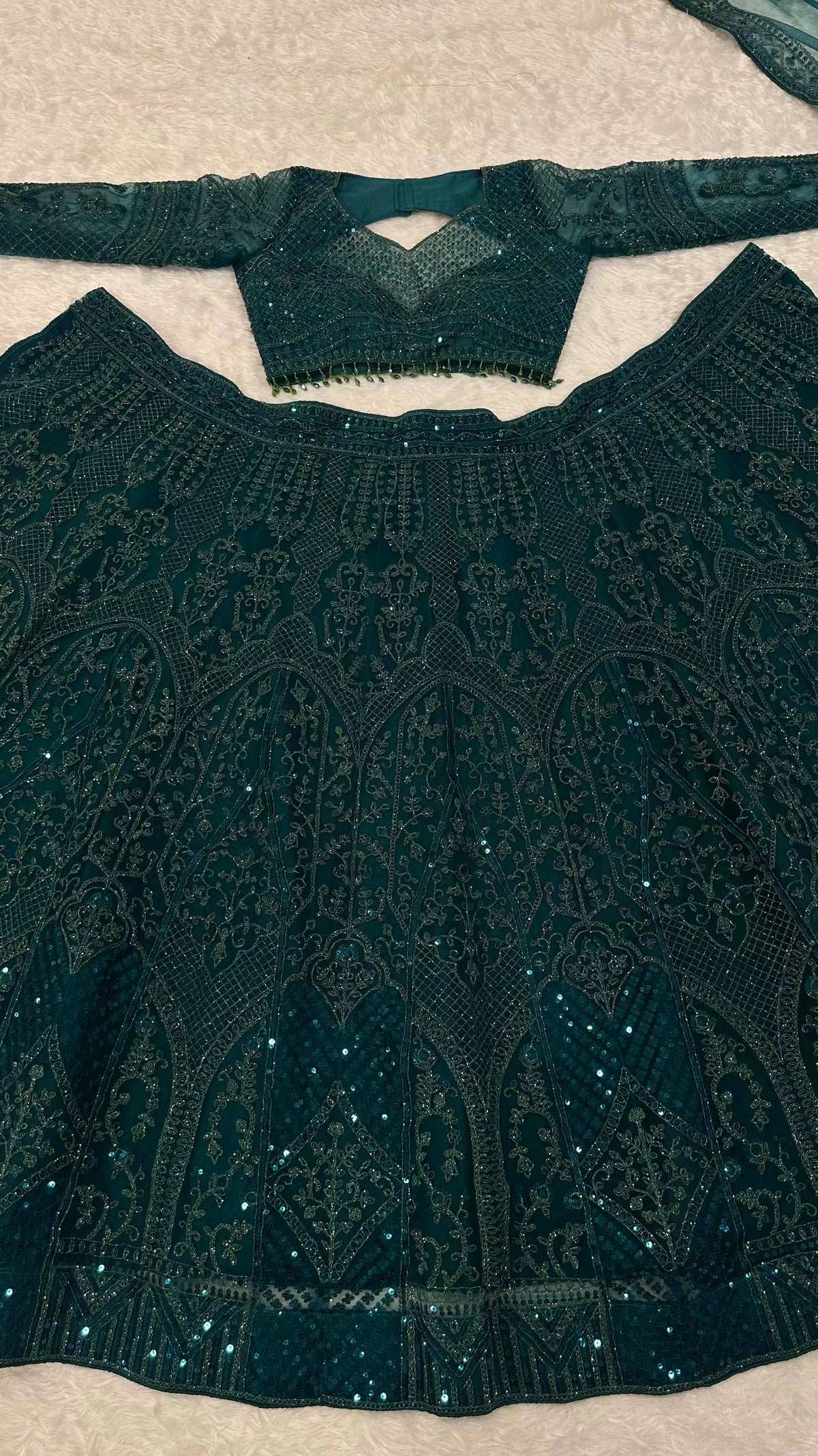 Emerald Green Net Lehenga Choli with Dori Sequin and Thread Embroidery for Wedding